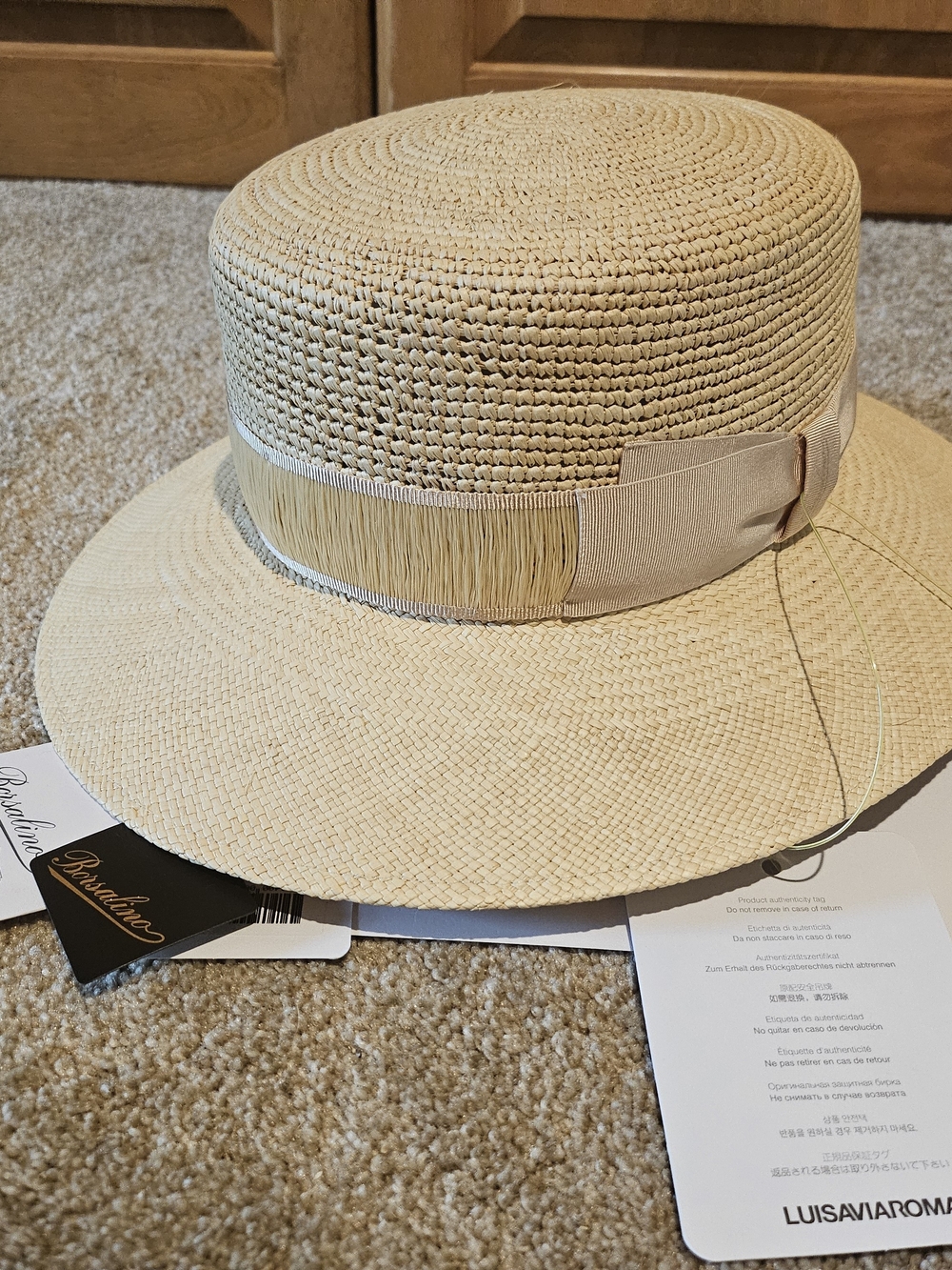 Borsalino Italy Straw Full Brim Hat Beige Classic Ribbon Made in Italy Size M